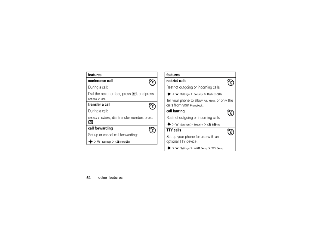 Motorola K1 manual Settings Call Forward, Settings Security Restrict Calls, Settings Security Call Barring 