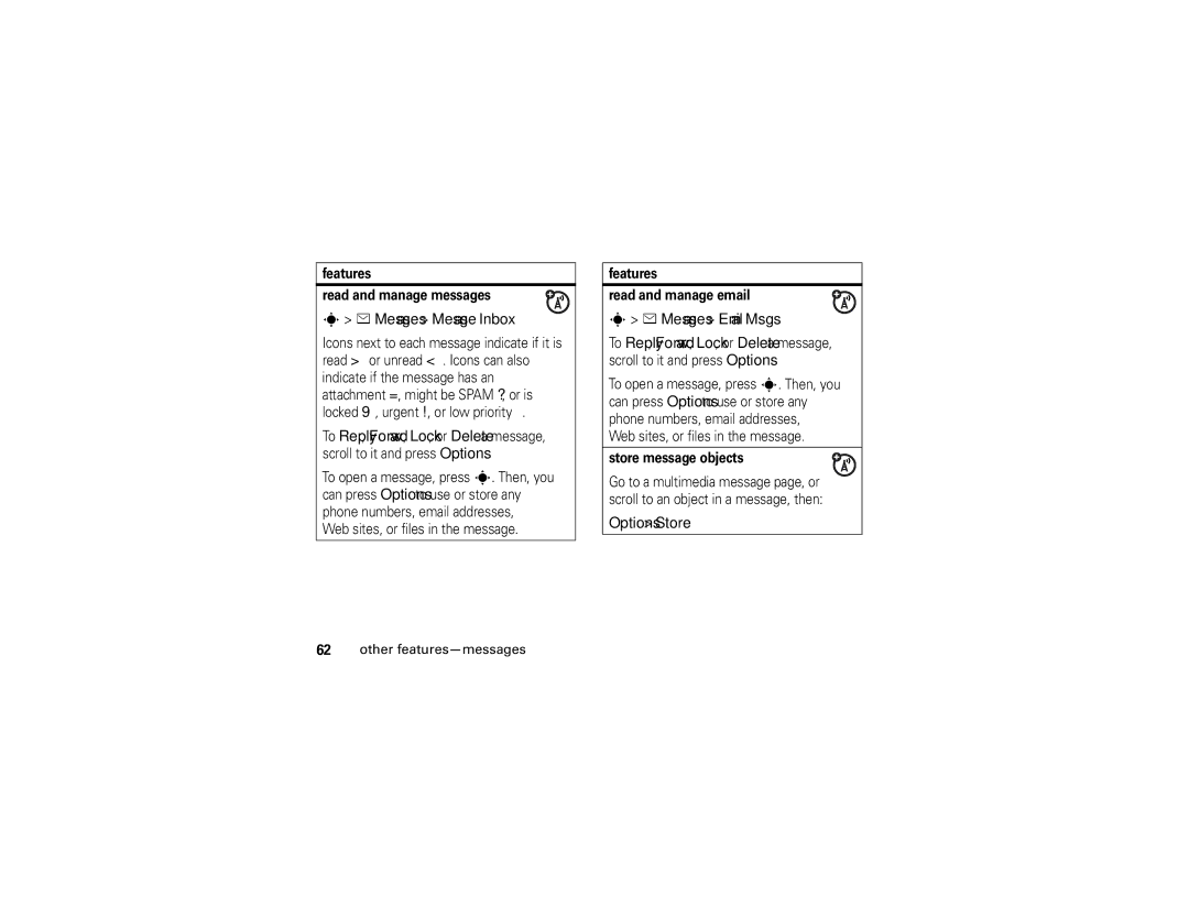 Motorola K1 manual Messages Message Inbox, Messages Email Msgs, Options Store 