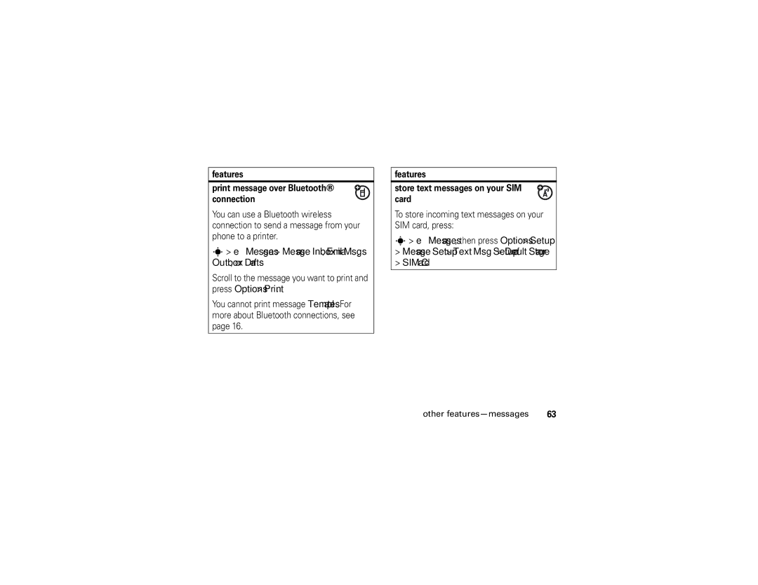 Motorola K1 manual Messages Message Inbox, Email Msgs, Outbox, or Drafts, Features Print message over Bluetooth connection 