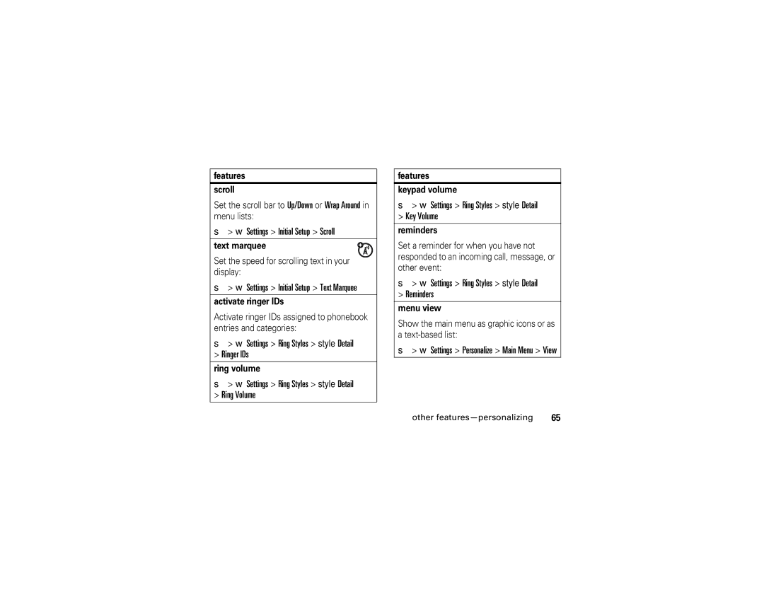 Motorola K1 manual Settings Initial Setup Scroll, Settings Ring Styles style Detail Ringer IDs 