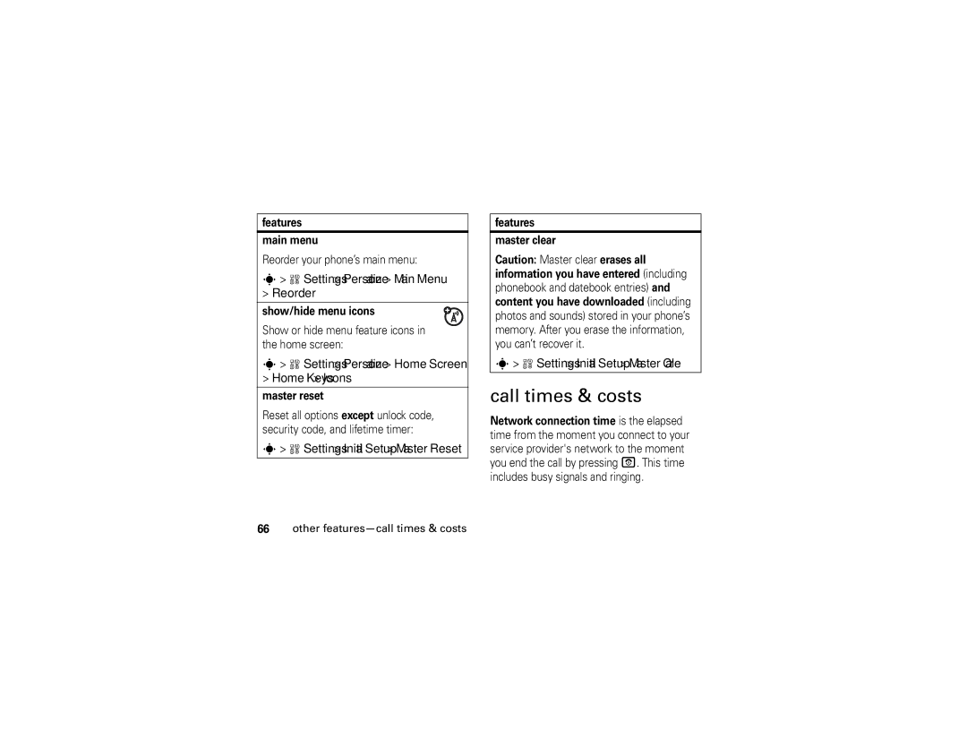 Motorola K1 manual Call times & costs, Settings Personalize Main Menu Reorder, Home Keys Icons 