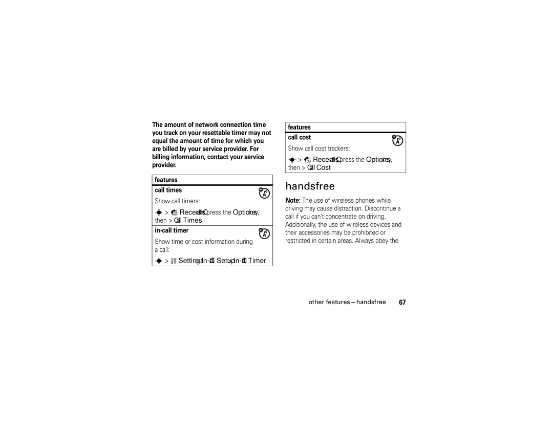 Motorola K1 manual Handsfree, In-call timer, Features Call cost, Other features-handsfree 