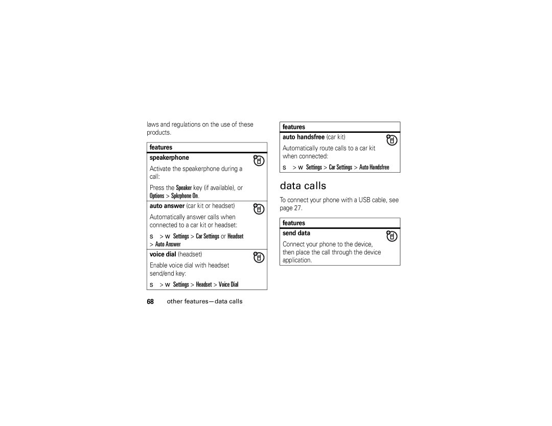 Motorola K1 manual Data calls, Settings Car Settings or Headset Auto Answer, Settings Headset Voice Dial 