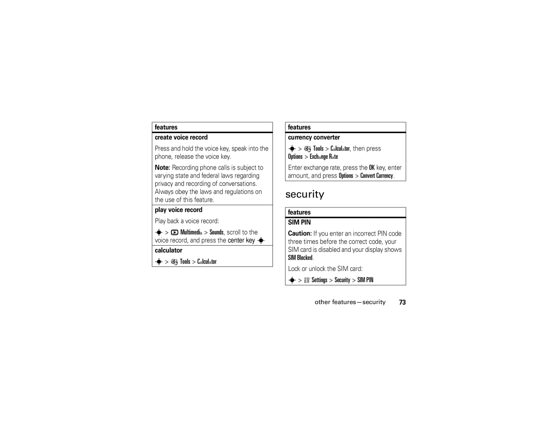 Motorola K1 manual Tools Calculator, then press Options Exchange Rate, Settings Security SIM PIN 