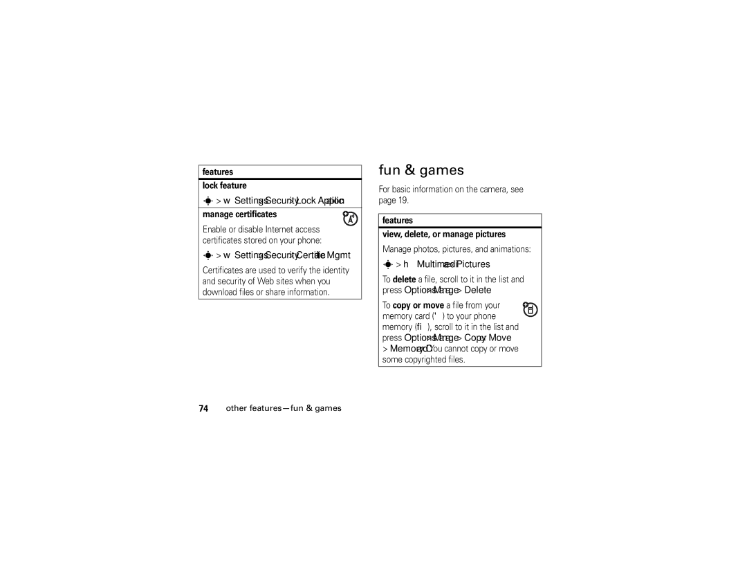 Motorola K1 manual Fun & games, Settings Security Lock Application, Settings Security Certificate Mgmt, Multimedia Pictures 