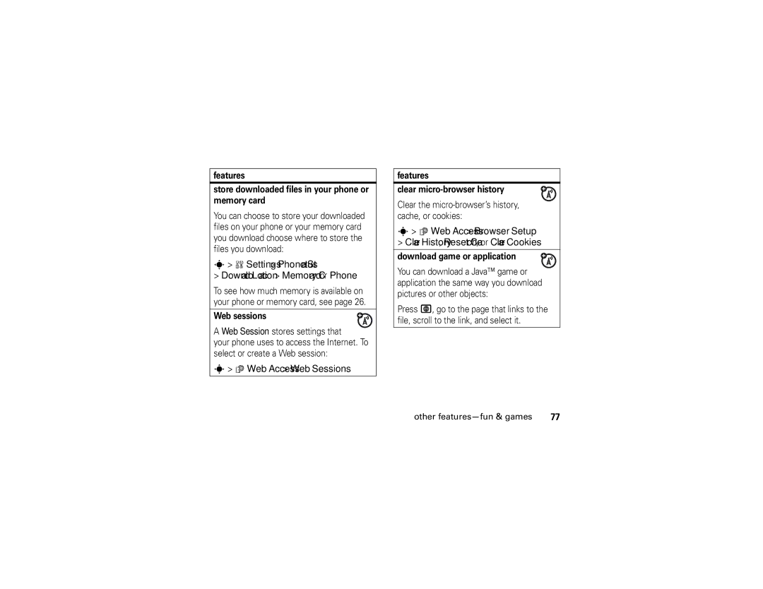 Motorola K1 manual Settings Phone Status, Web Access Web Sessions, Web Access Browser Setup 