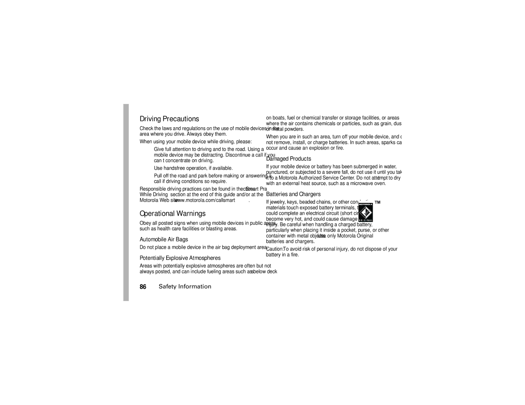 Motorola K1 manual Driving Precautions, Operational Warnings 