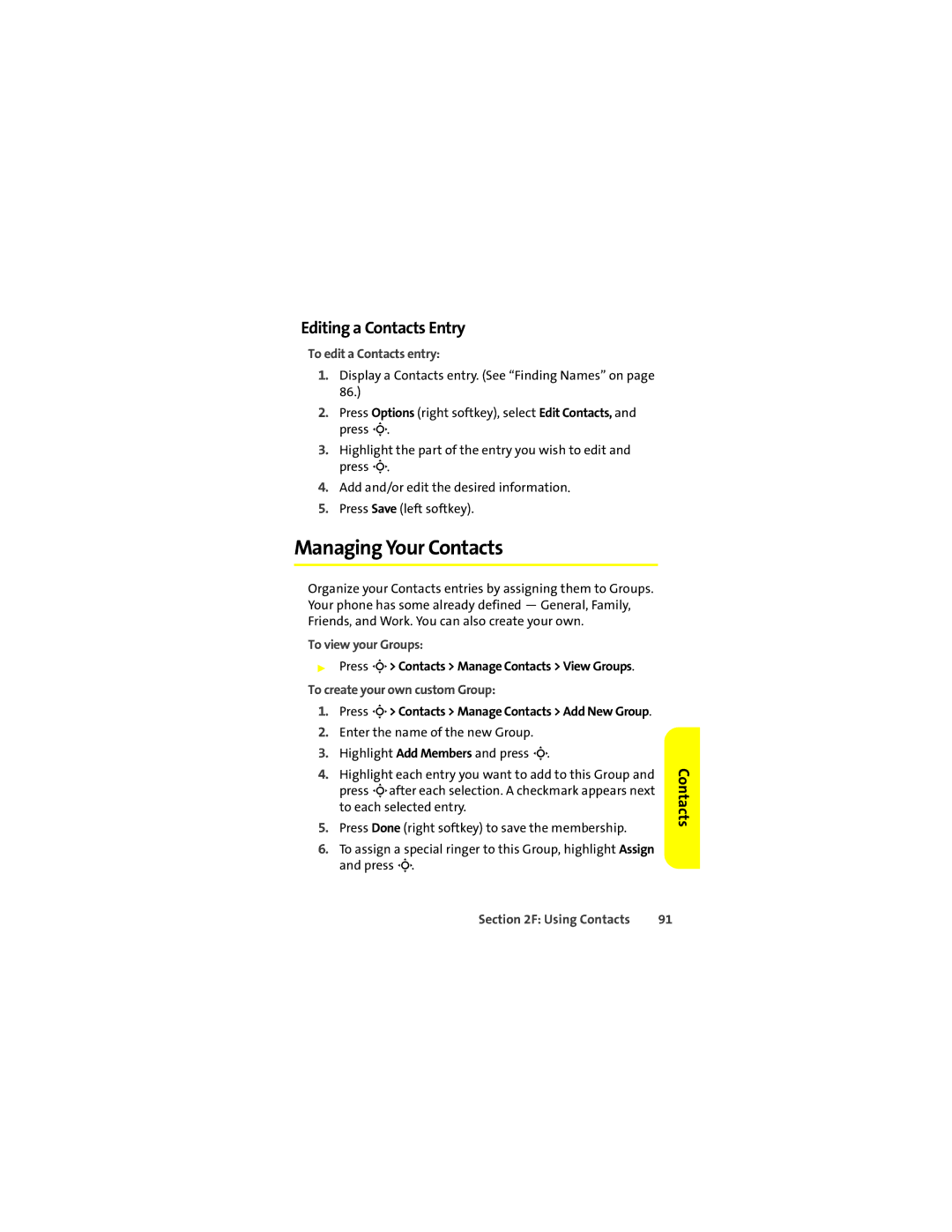 Motorola K1m manual Managing Your Contacts, Editing a Contacts Entry, To edit a Contacts entry, To view your Groups 