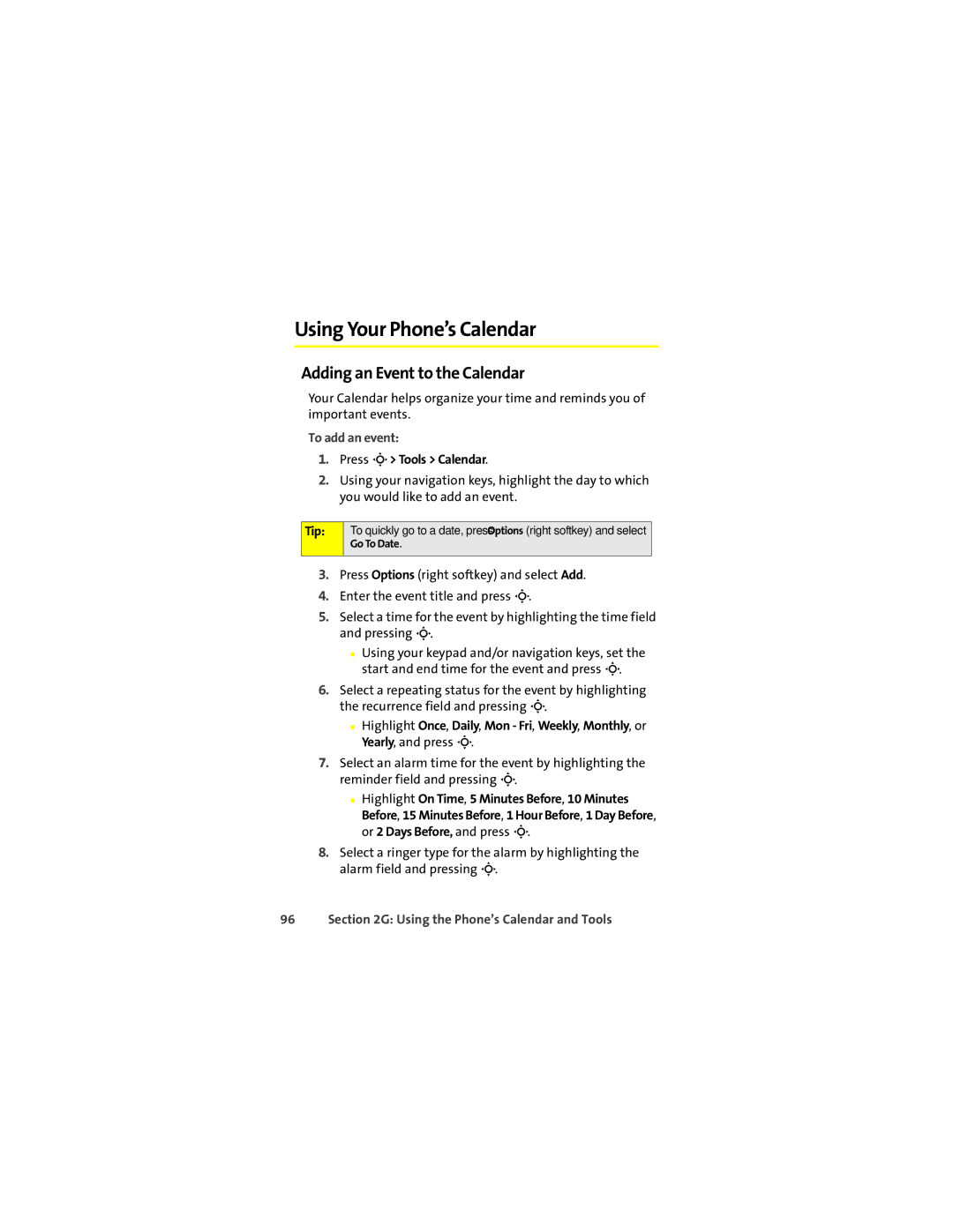 Motorola K1m manual Using Your Phone’s Calendar, Adding an Event to the Calendar, To add an event, Press M Tools Calendar 