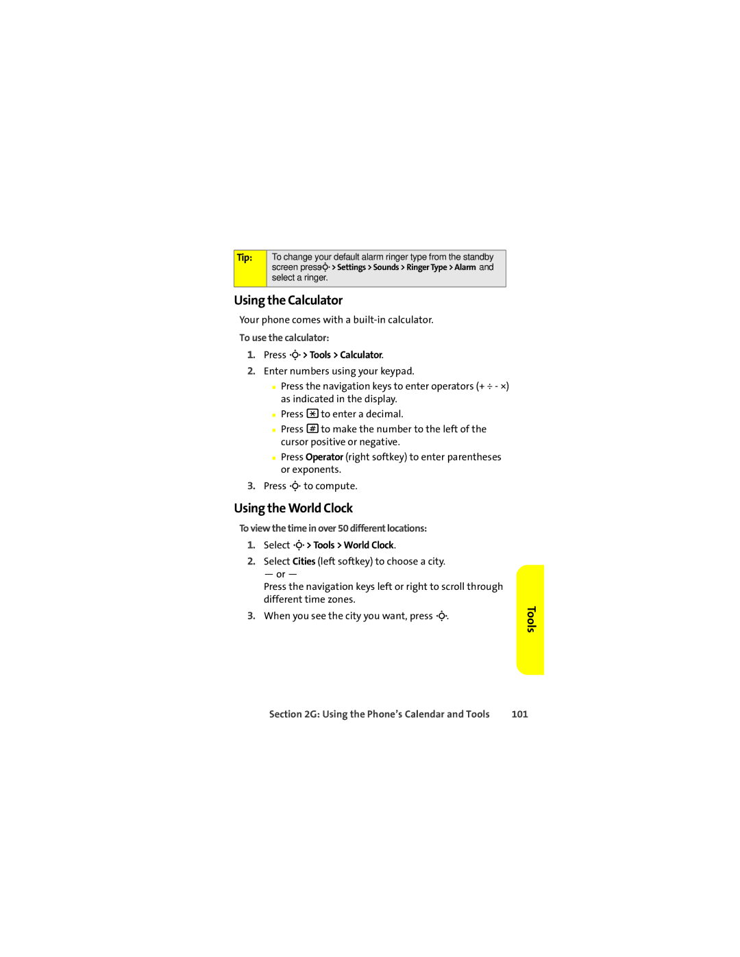 Motorola K1m manual Using the Calculator, Using the World Clock, To use the calculator, 101 