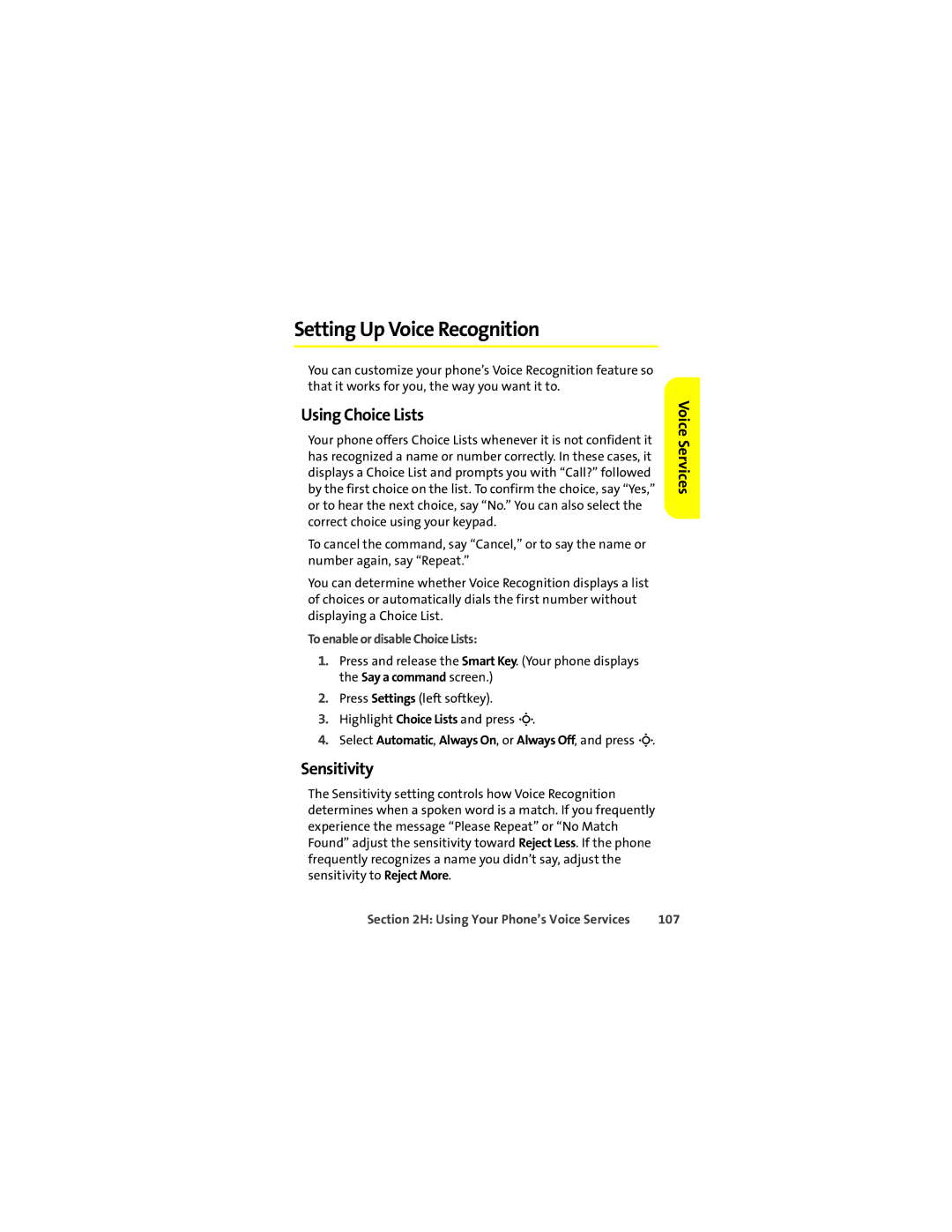 Motorola K1m manual Setting Up Voice Recognition, Using Choice Lists, Sensitivity, To enable or disable Choice Lists, 107 