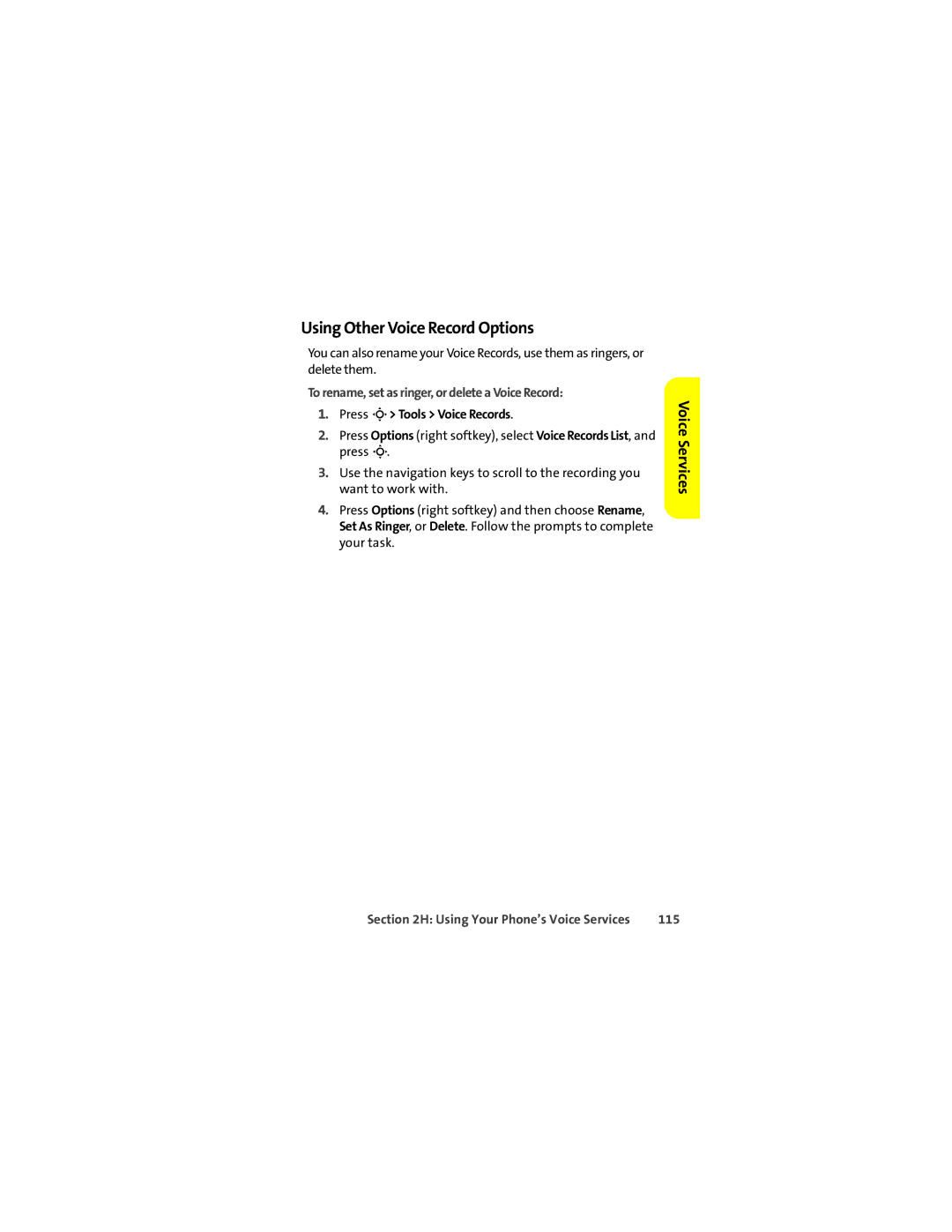 Motorola K1m manual Using Other Voice Record Options, To rename, set as ringer, or delete a Voice Record, 115 