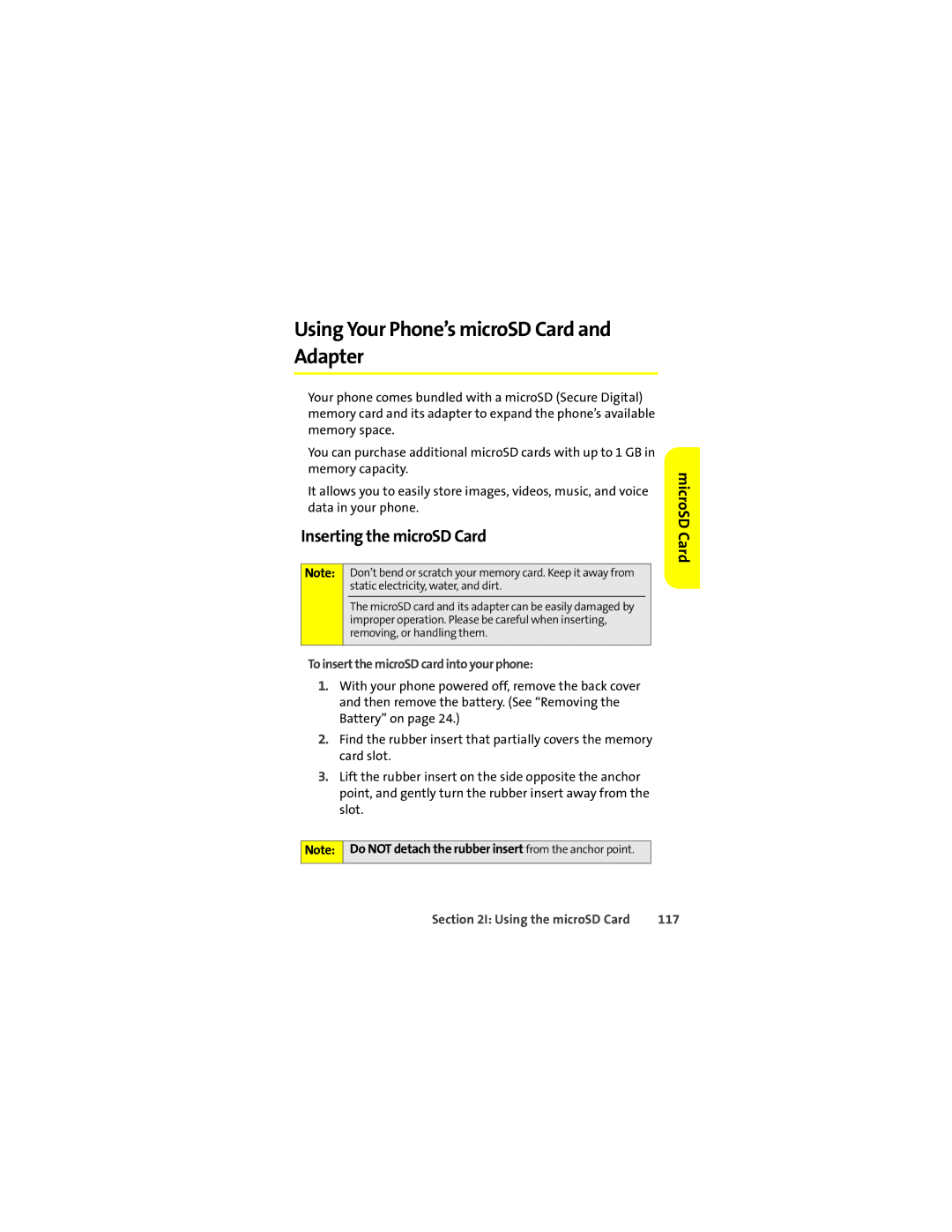 Motorola K1m manual Using Your Phone’s microSD Card and Adapter, Inserting the microSD Card, MicroSD Card, 117 