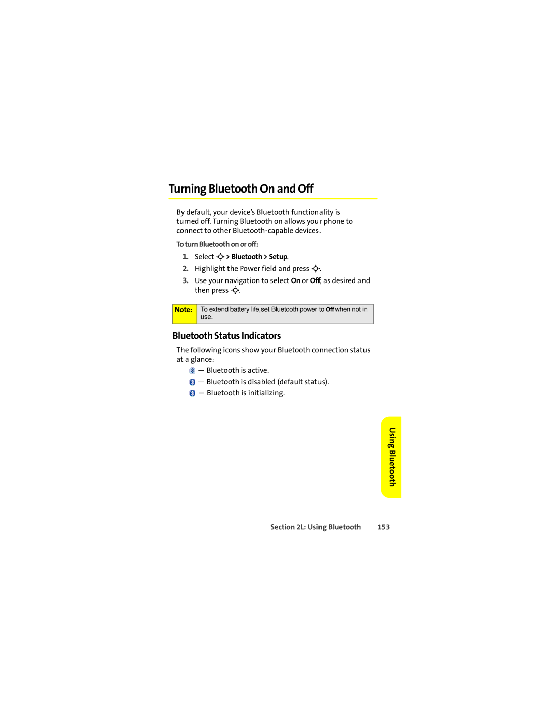 Motorola K1m Turning Bluetooth On and Off, Bluetooth Status Indicators, Using Bluetooth, To turn Bluetooth on or off, 153 