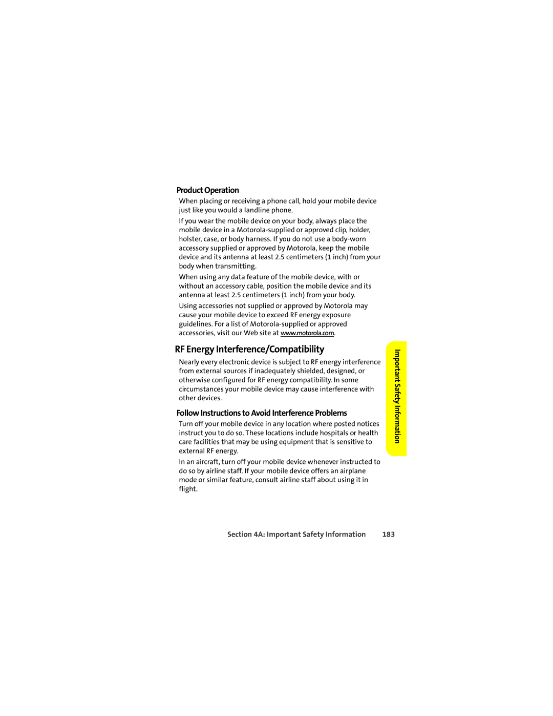 Motorola K1m manual RF Energy Interference/Compatibility, Product Operation, 183 