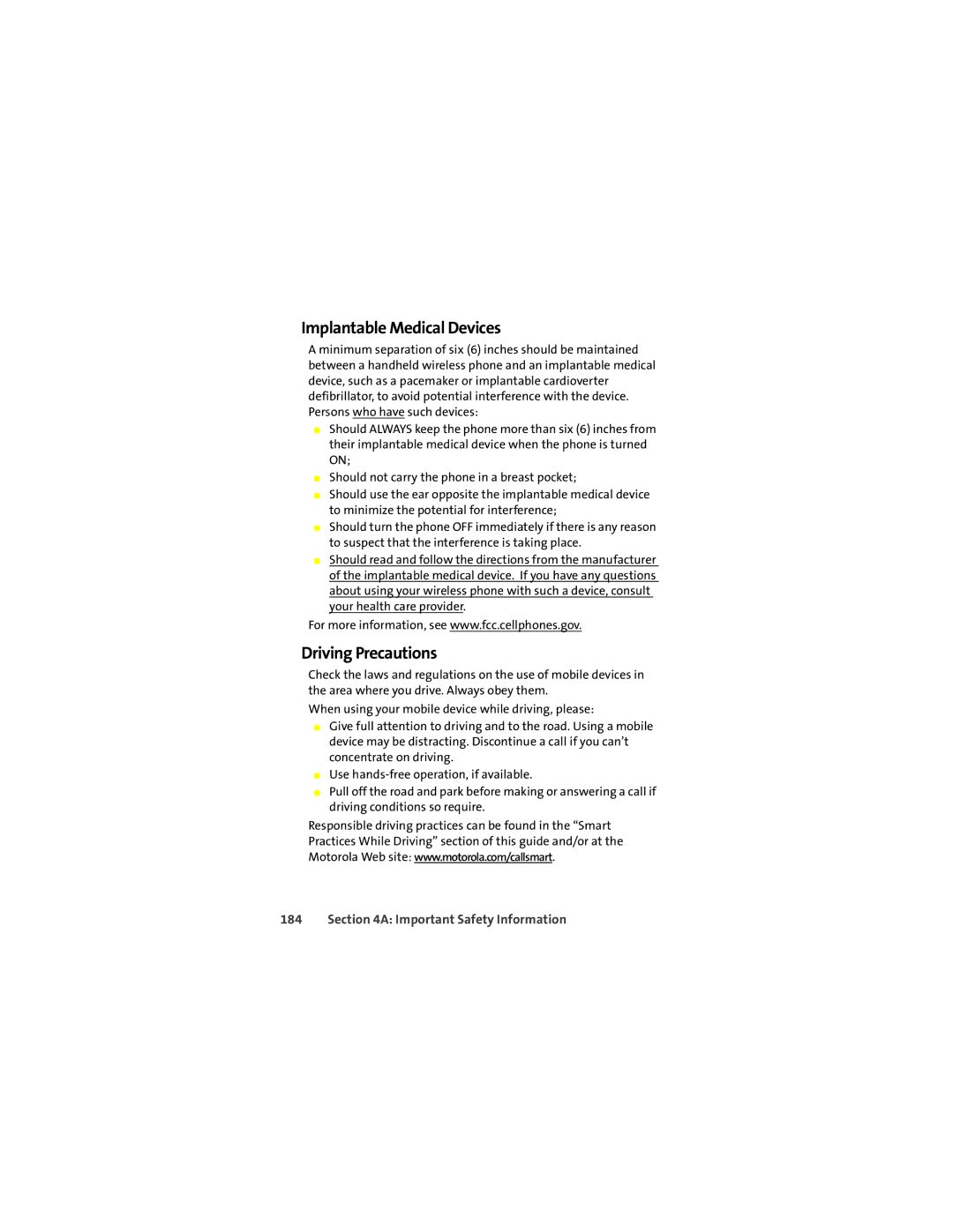 Motorola K1m manual Implantable Medical Devices, Driving Precautions 