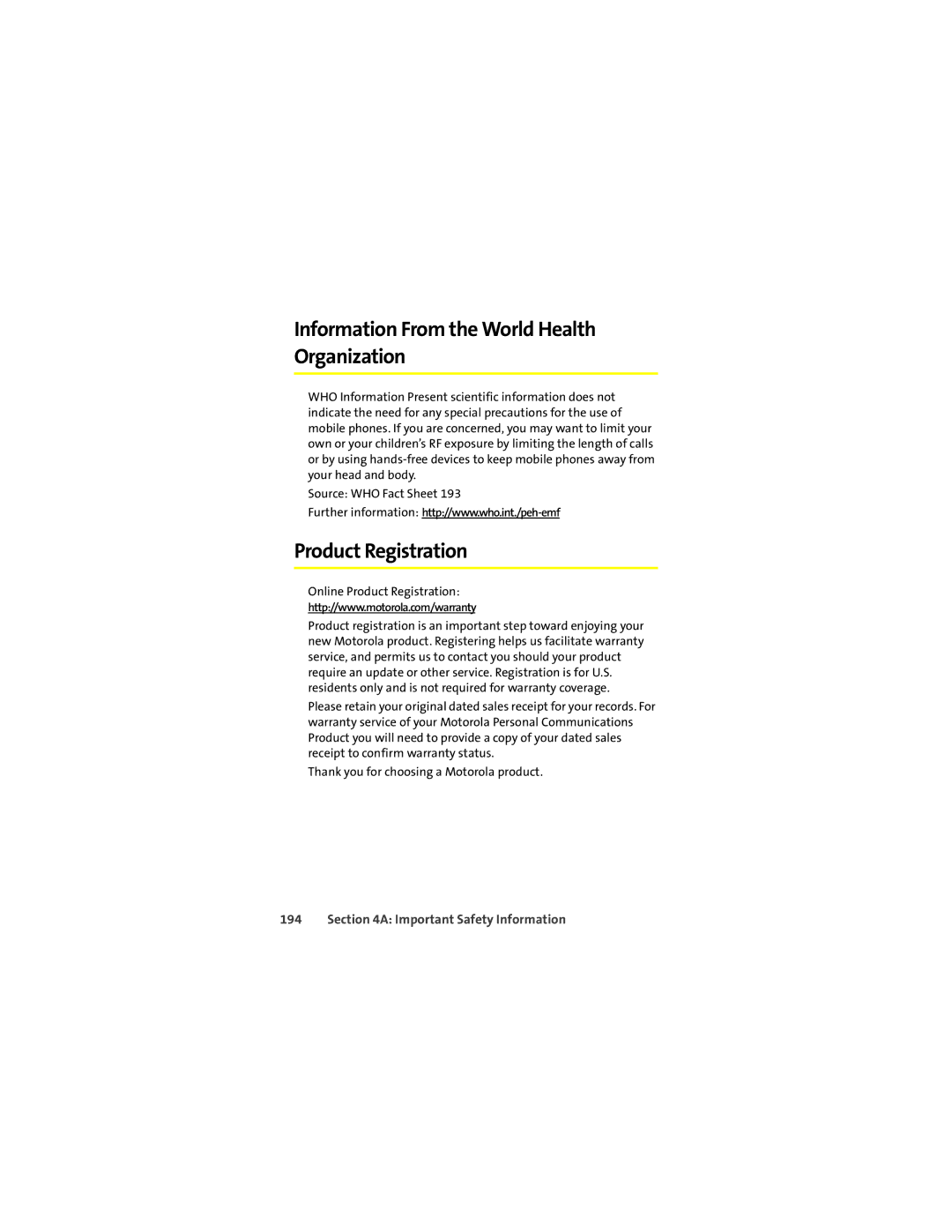 Motorola K1m manual Information From the World Health Organization, Product Registration 