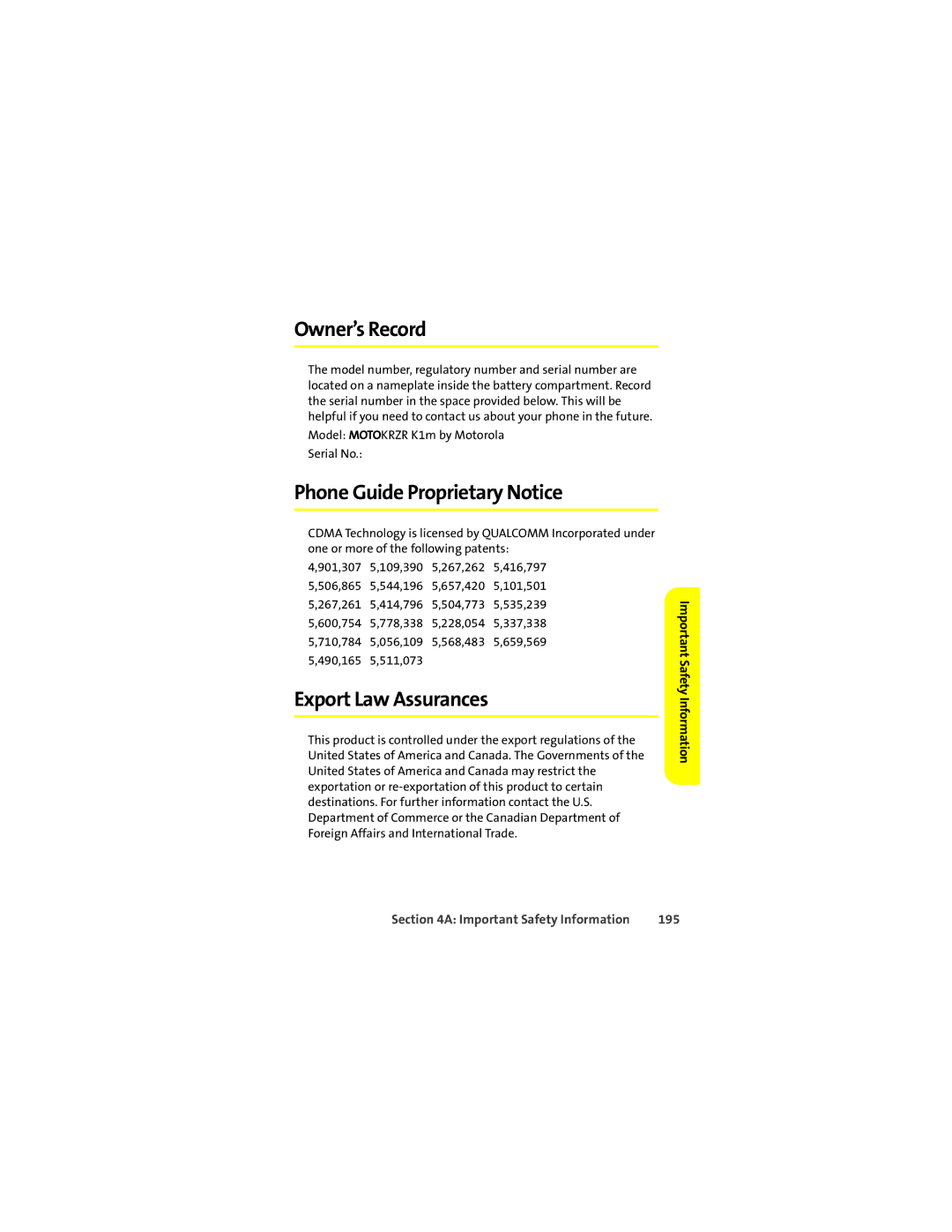 Motorola K1m manual Owner’s Record, Phone Guide Proprietary Notice, Export Law Assurances, 195 