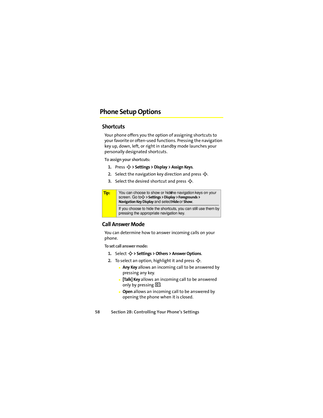 Motorola K1m manual Phone Setup Options, Shortcuts, Call Answer Mode, To assign your shortcuts, To set call answer mode 