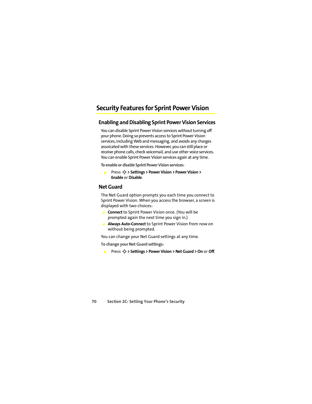 Motorola K1m manual Enabling and Disabling Sprint Power Vision Services, To change your Net Guard settings 