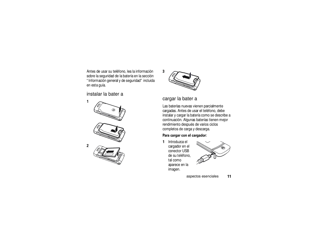 Motorola K1m manual Instalar la batería Cargar la batería, Para cargar con el cargador 