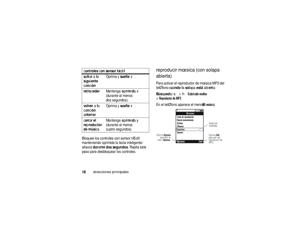 Motorola K1m manual Reproducir música con solapa abierta, Búsqueda s h Galería de medios Reproductor de MP3, Dos segundos 