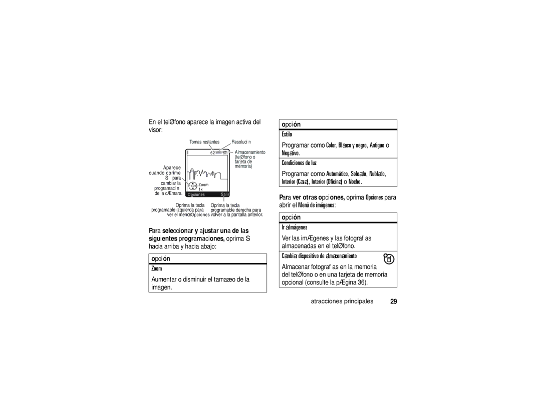 Motorola K1m manual Estilo, Condiciones de luz, Ir a Imágenes, Cambiar dispositivo de almacenamiento, Opción 