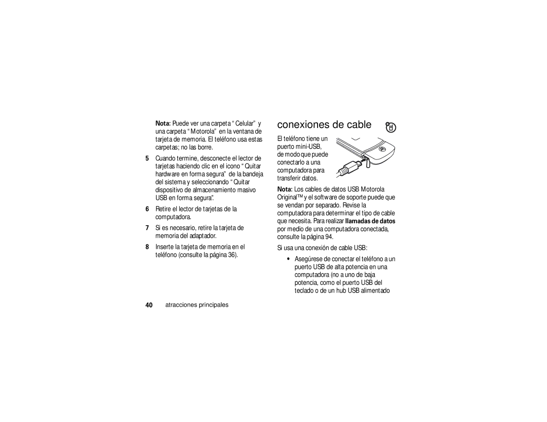 Motorola K1m manual Conexiones de cable, Si usa una conexión de cable USB 