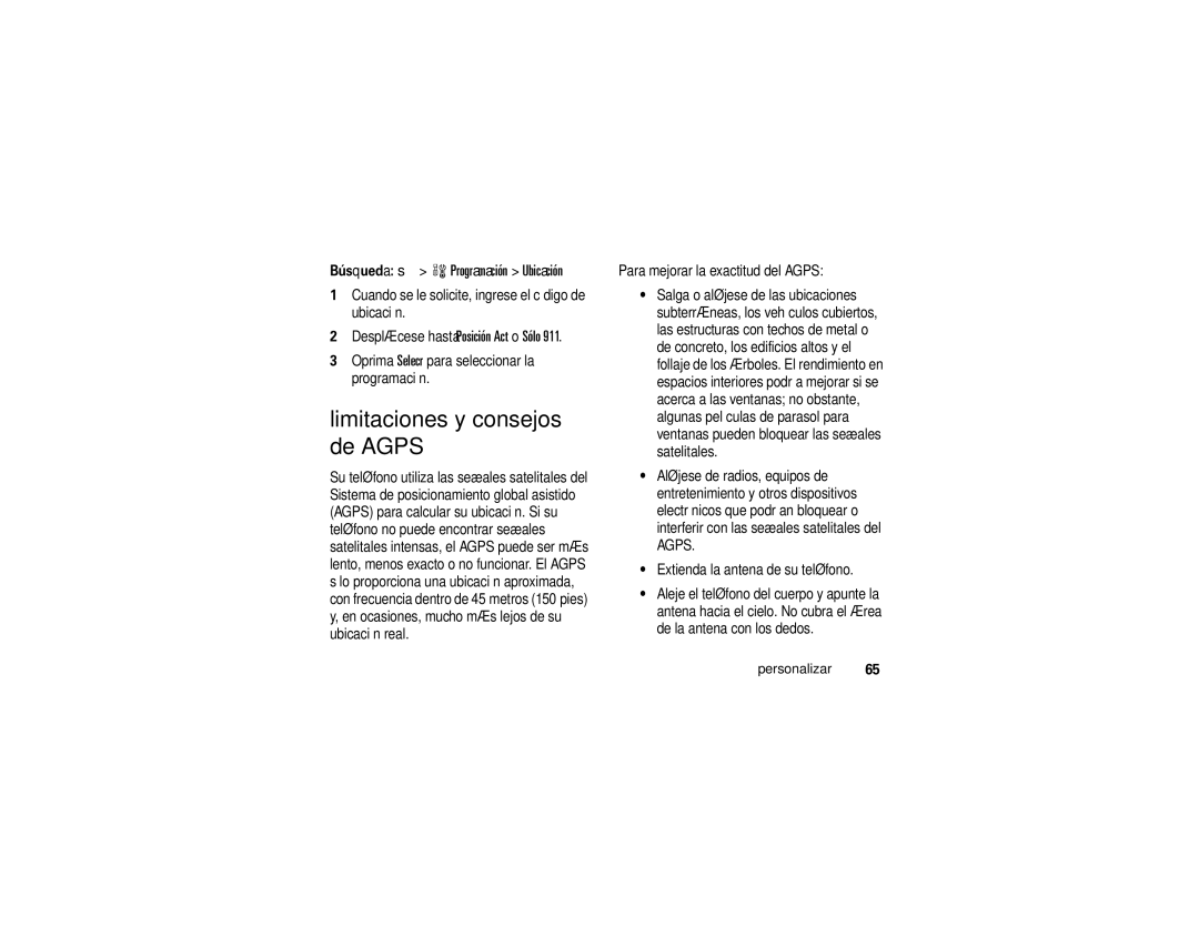 Motorola K1m Limitaciones y consejos de Agps, Búsqueda s w Programación Ubicación, Para mejorar la exactitud del Agps 