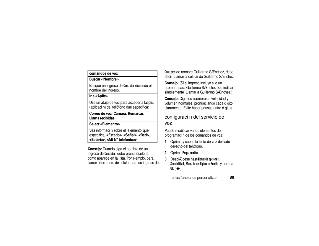 Motorola K1m manual Configuración del servicio de voz, Oprima Programación, Comandos de voz Buscar Nombre, Ir a Aplic 