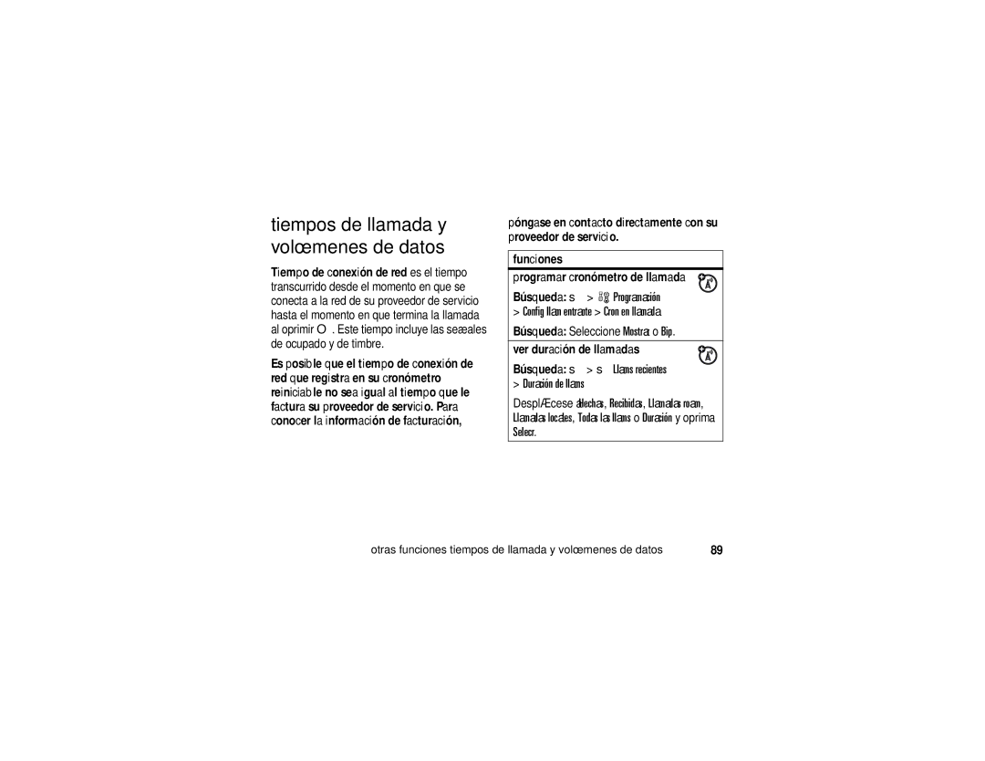 Motorola K1m manual Tiempos de llamada y volúmenes de datos, Búsqueda s s Llams recientes Duración de llams 