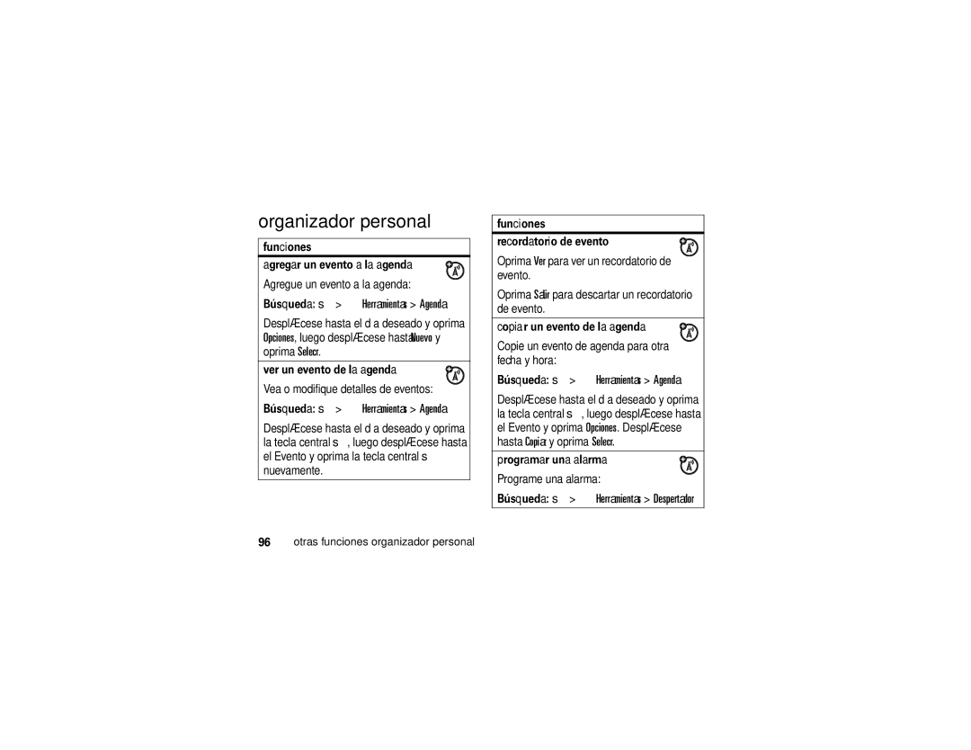 Motorola K1m manual Organizador personal, Búsqueda s É Herramientas Agenda, Búsqueda s É Herramientas Despertador 