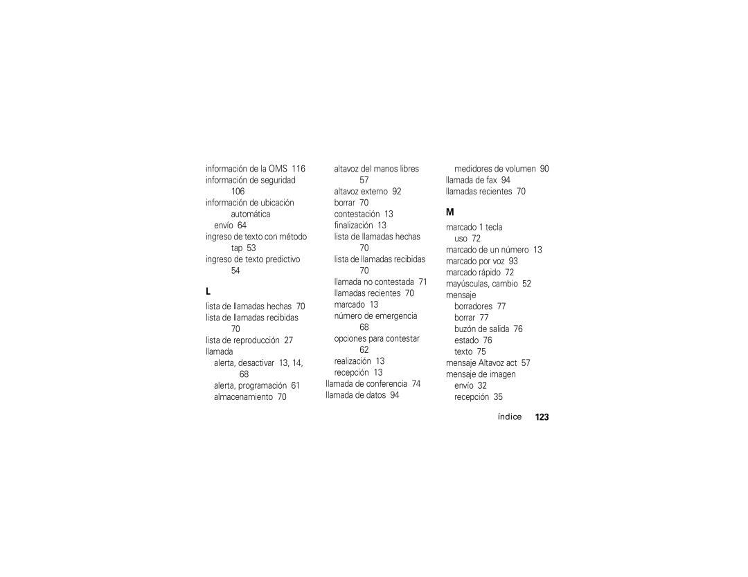 Motorola K1m manual Lista de reproducción 27 llamada Alerta, desactivar 13, 14, Envío 32 recepción Índice 