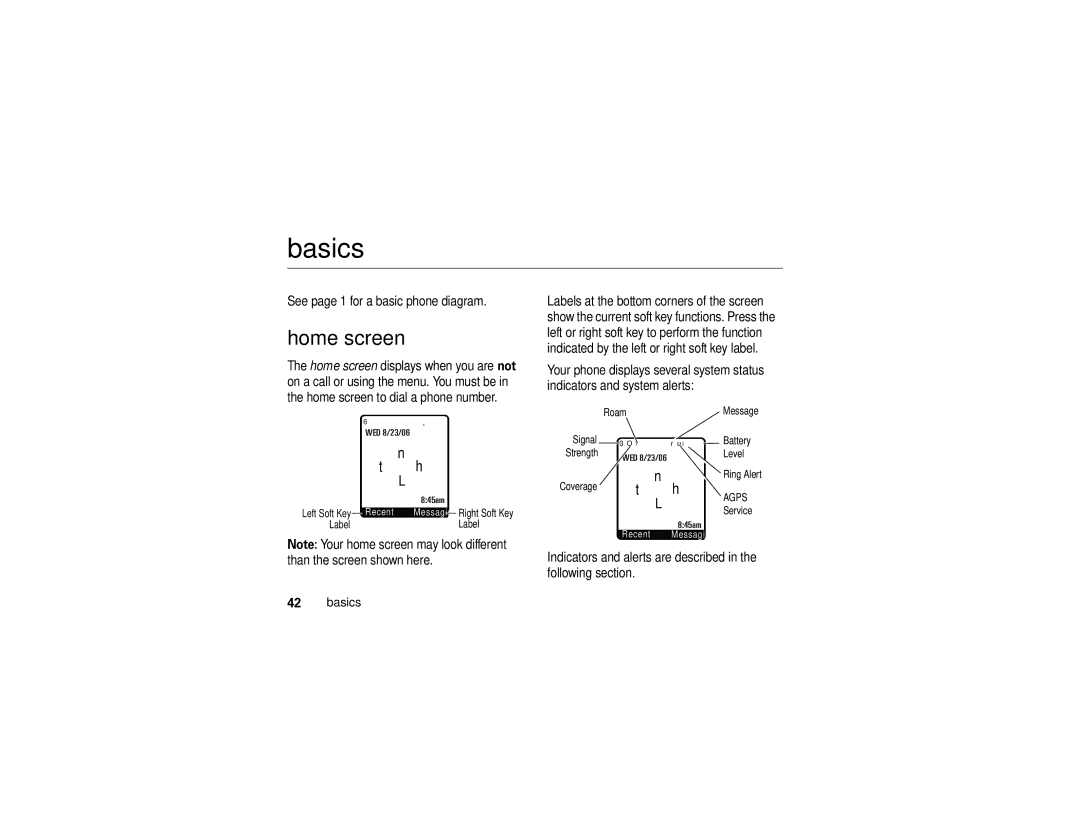 Motorola K1m manual Basics, Home screen, See page 1 for a basic phone diagram 