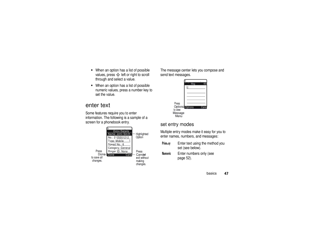 Motorola K1m manual Enter text, Set entry modes, Message center lets you compose and send text messages 