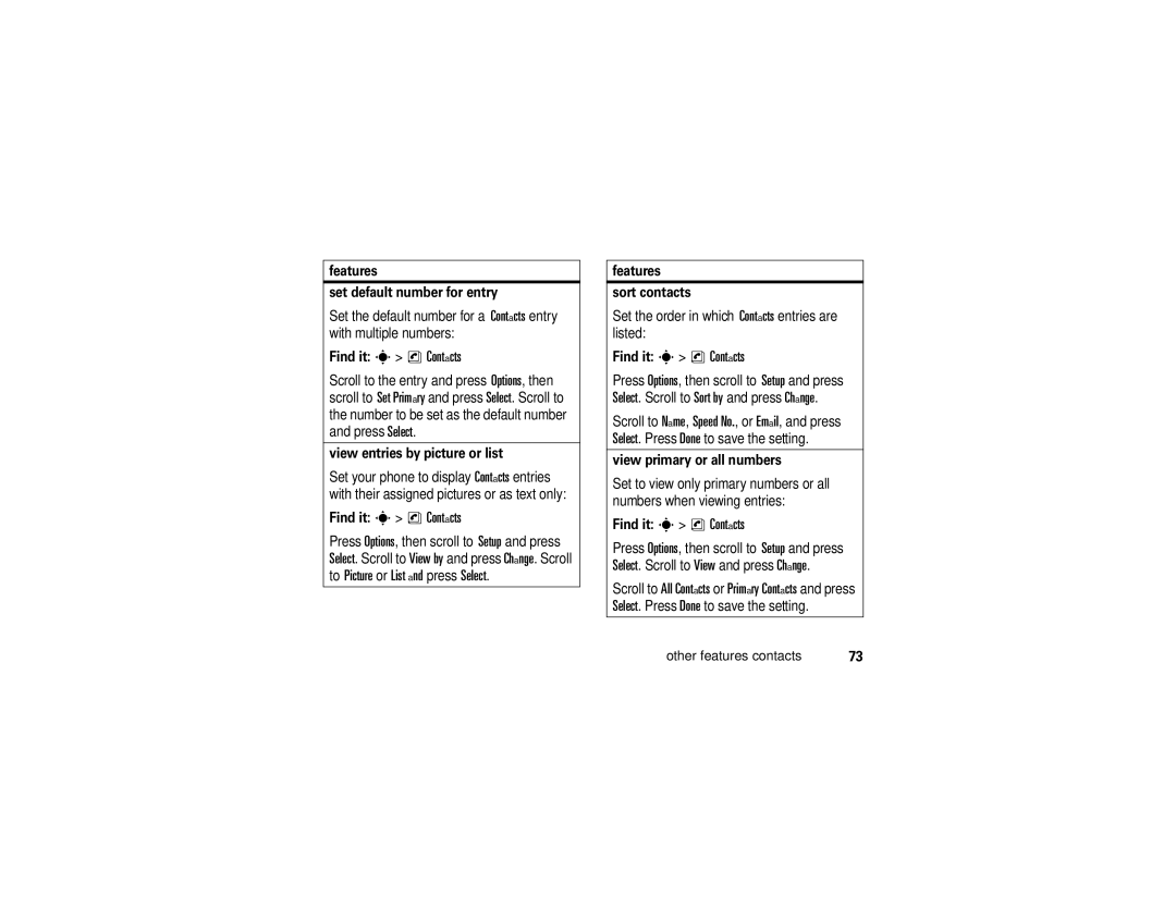 Motorola K1m manual Features Set default number for entry, View entries by picture or list, Features Sort contacts 