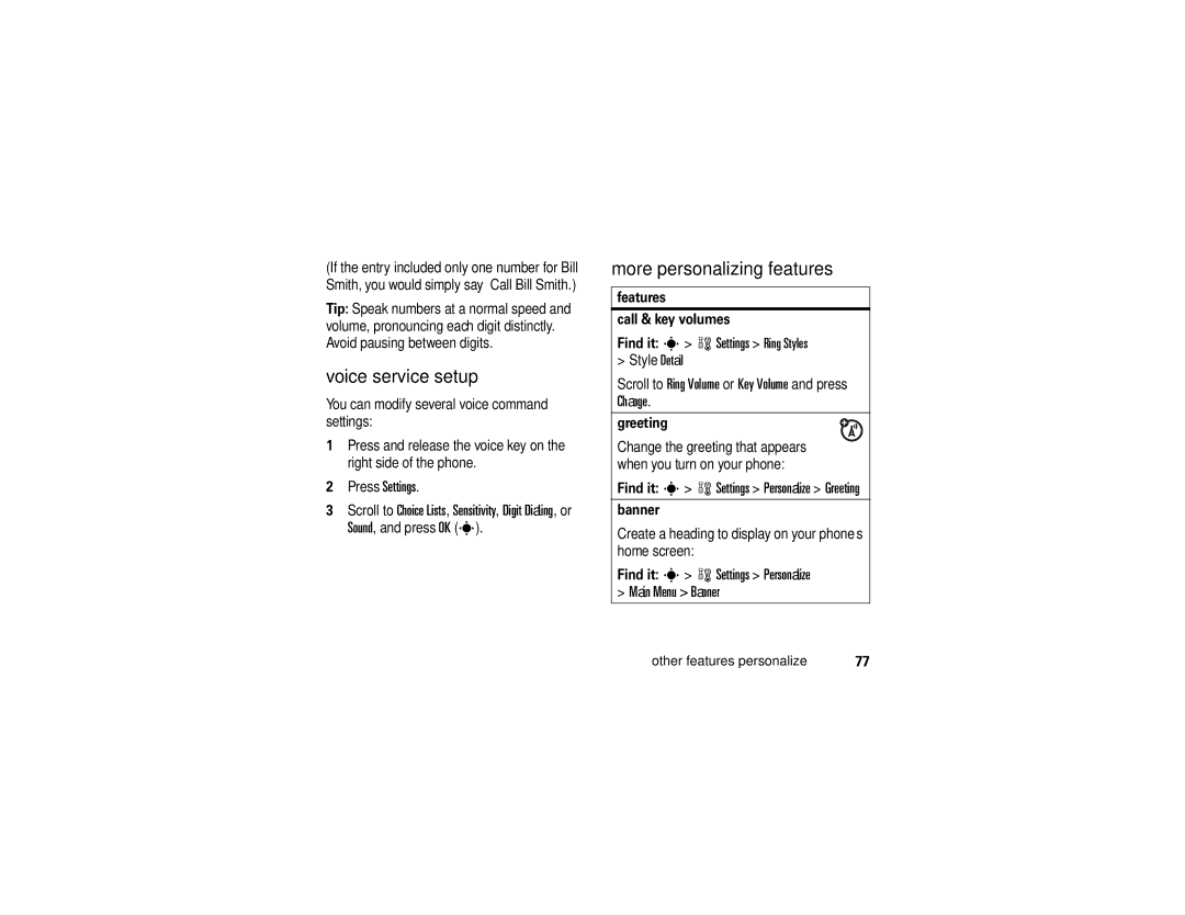 Motorola K1m manual Voice service setup, More personalizing features, Press Settings 