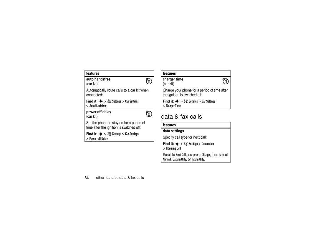 Motorola K1m manual Data & fax calls, Find it s w Settings Car Settings Auto Handsfree 