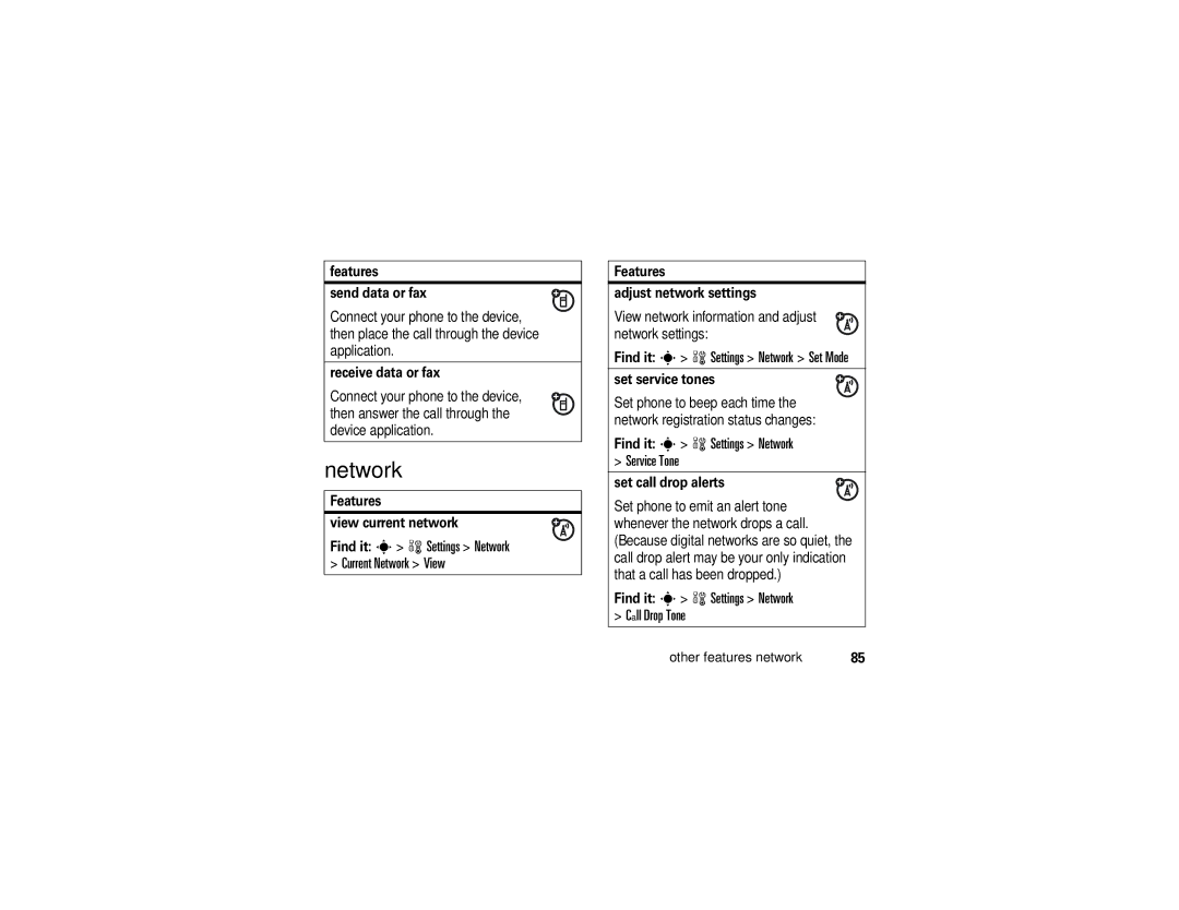 Motorola K1m manual Find it s w Settings Network Set Mode, Find it s w Settings Network Service Tone 