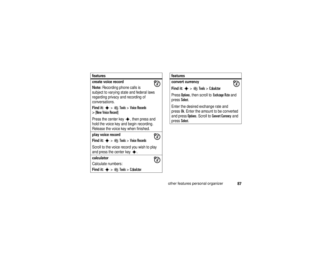 Motorola K1m manual Find it s É Tools Voice Records New Voice Record, Find it s É Tools Calculator 