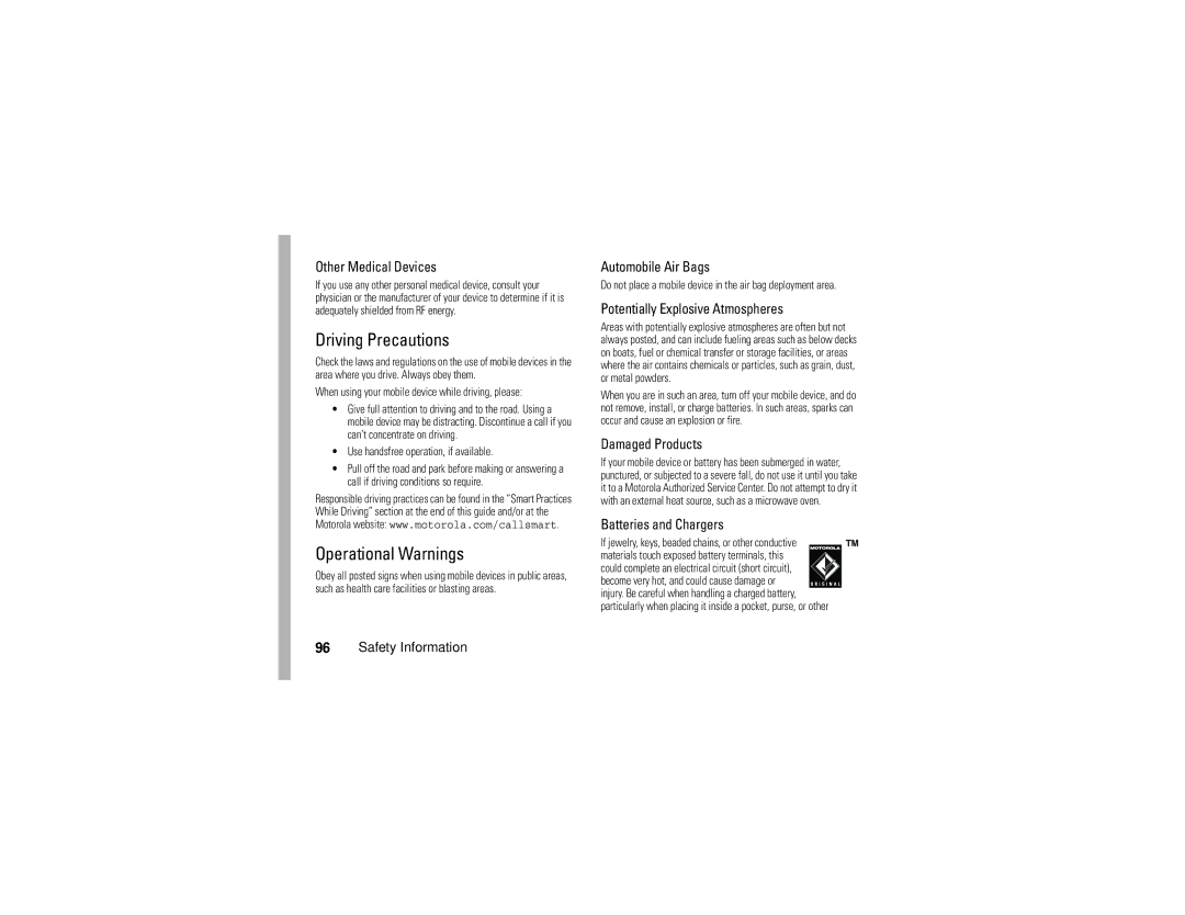 Motorola K1m manual Driving Precautions, Operational Warnings 