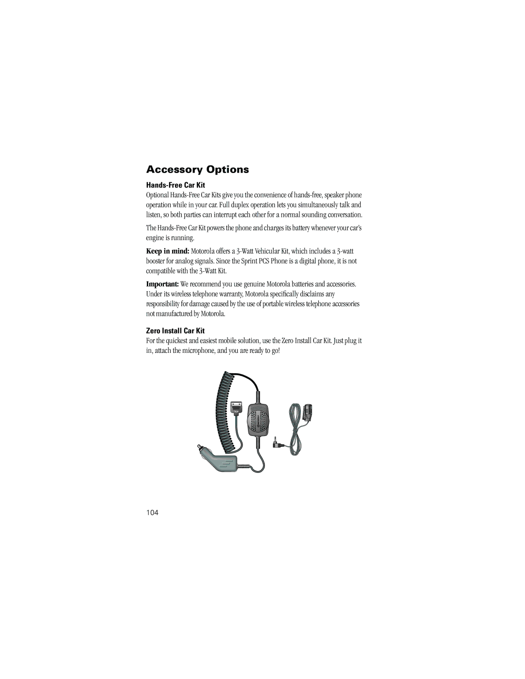 Motorola K1m specifications Hands-Free Car Kit, Zero Install Car Kit, 104 