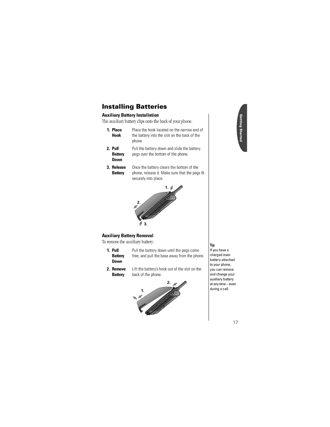 Motorola K1m To remove the auxiliary battery, Auxiliary Battery Installation, Auxiliary Battery Removal, Pull 