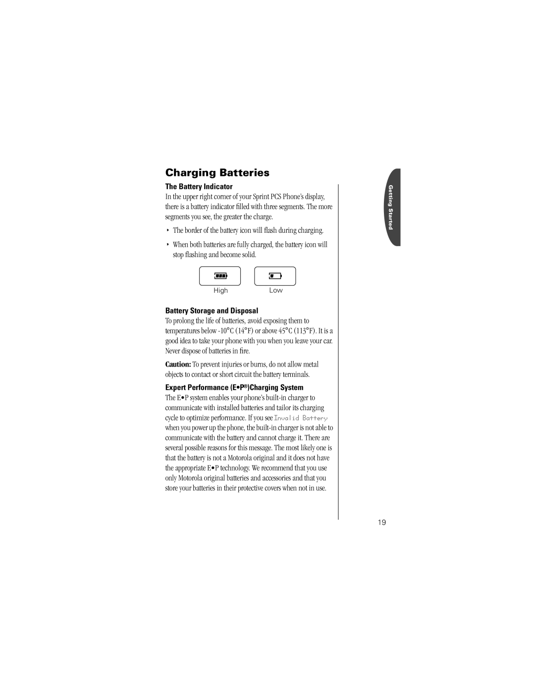 Motorola K1m Border of the battery icon will ﬂash during charging, Battery Indicator, Battery Storage and Disposal 