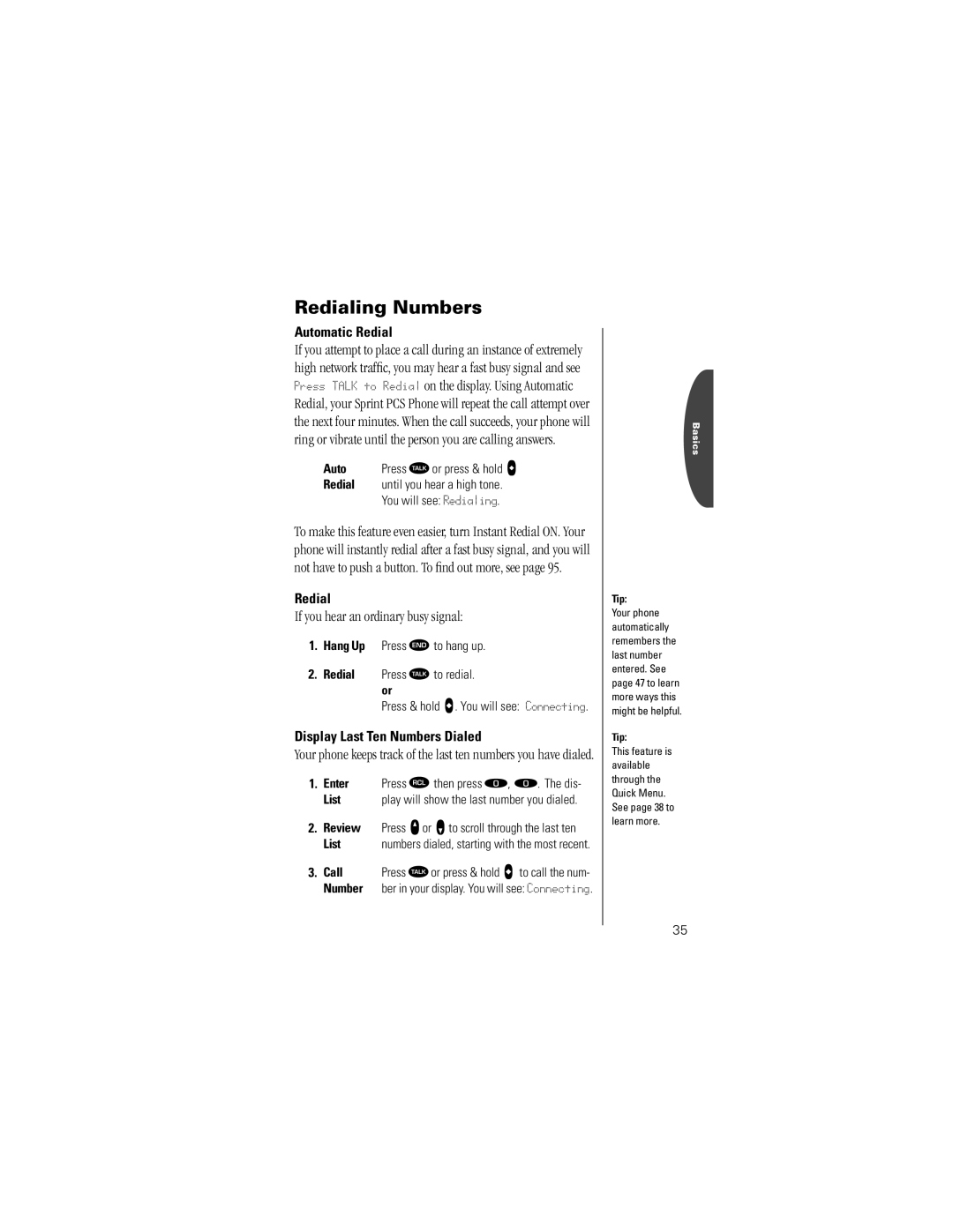 Motorola K1m Redialing Numbers, If you hear an ordinary busy signal, Automatic Redial, Display Last Ten Numbers Dialed 