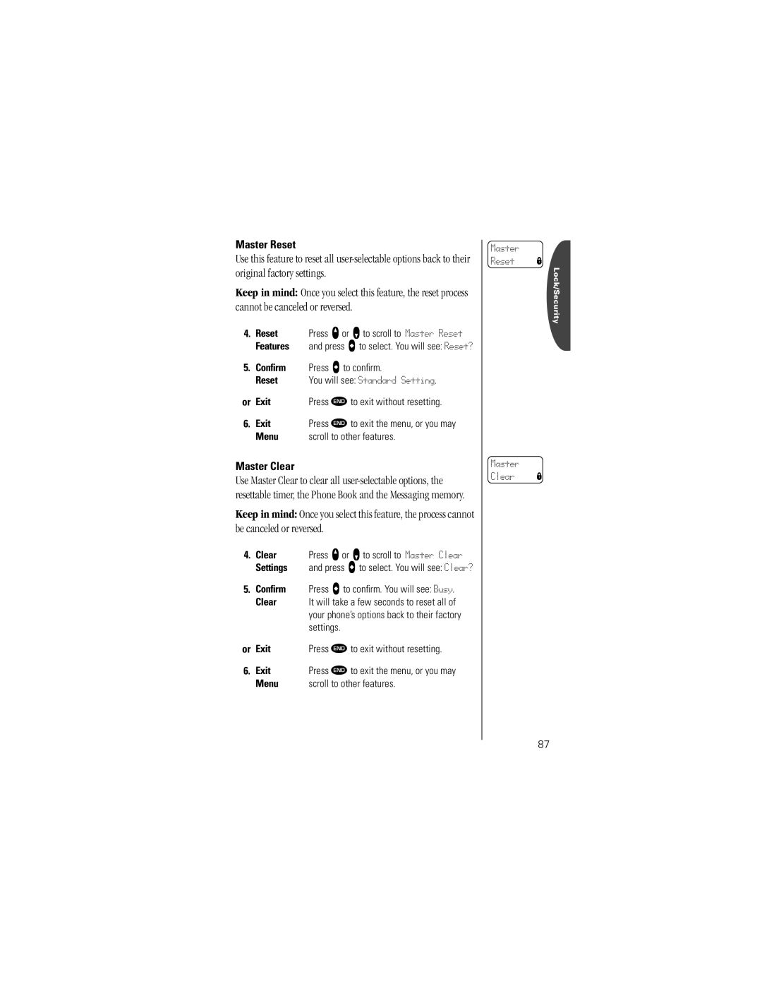 Motorola K1m specifications Master Reset, Master Clear 