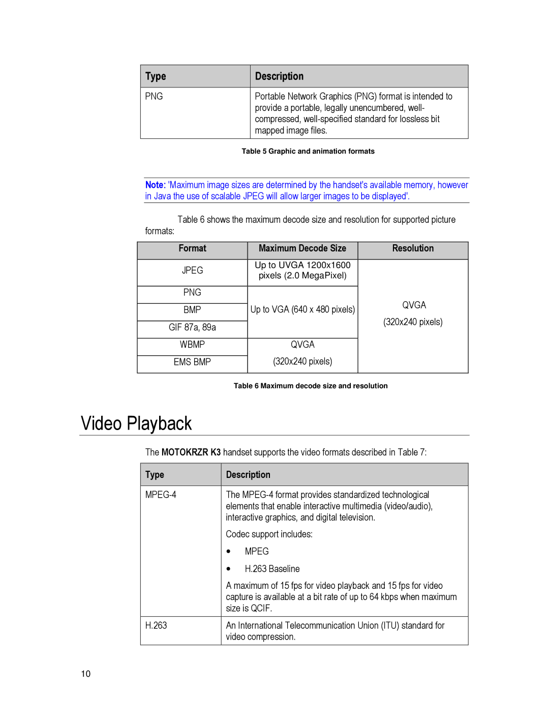 Motorola K3 technical manual Video Playback, Type, Png, MPEG-4 