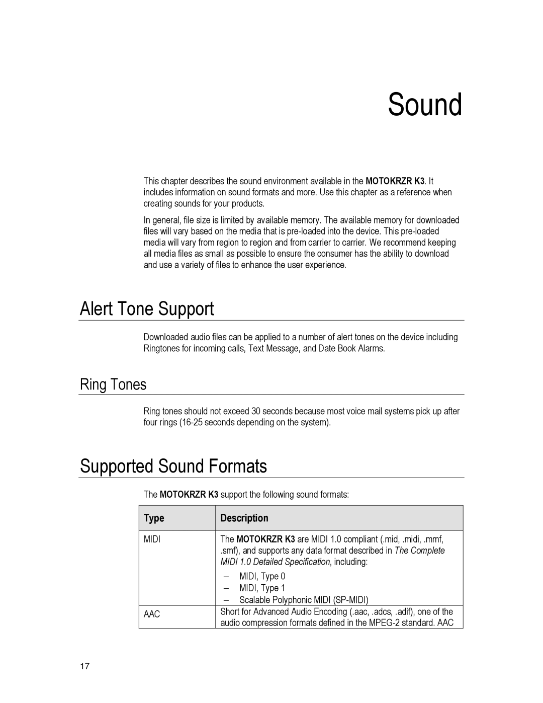 Motorola K3 technical manual Alert Tone Support, Supported Sound Formats 