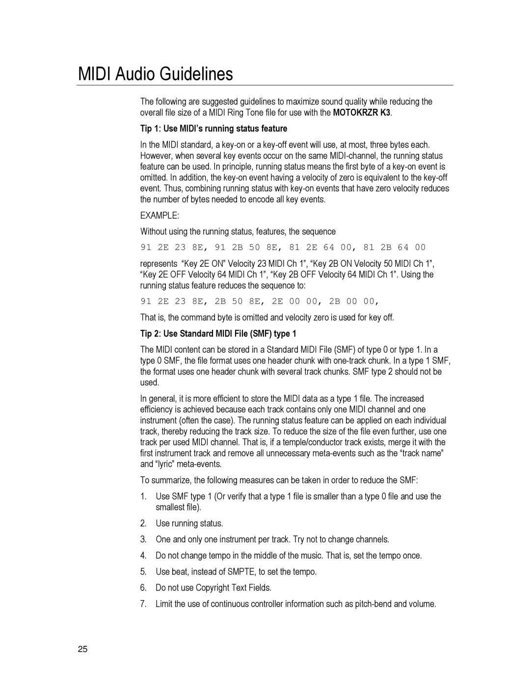 Motorola K3 technical manual Midi Audio Guidelines, Tip 1 Use MIDI’s running status feature, Example 