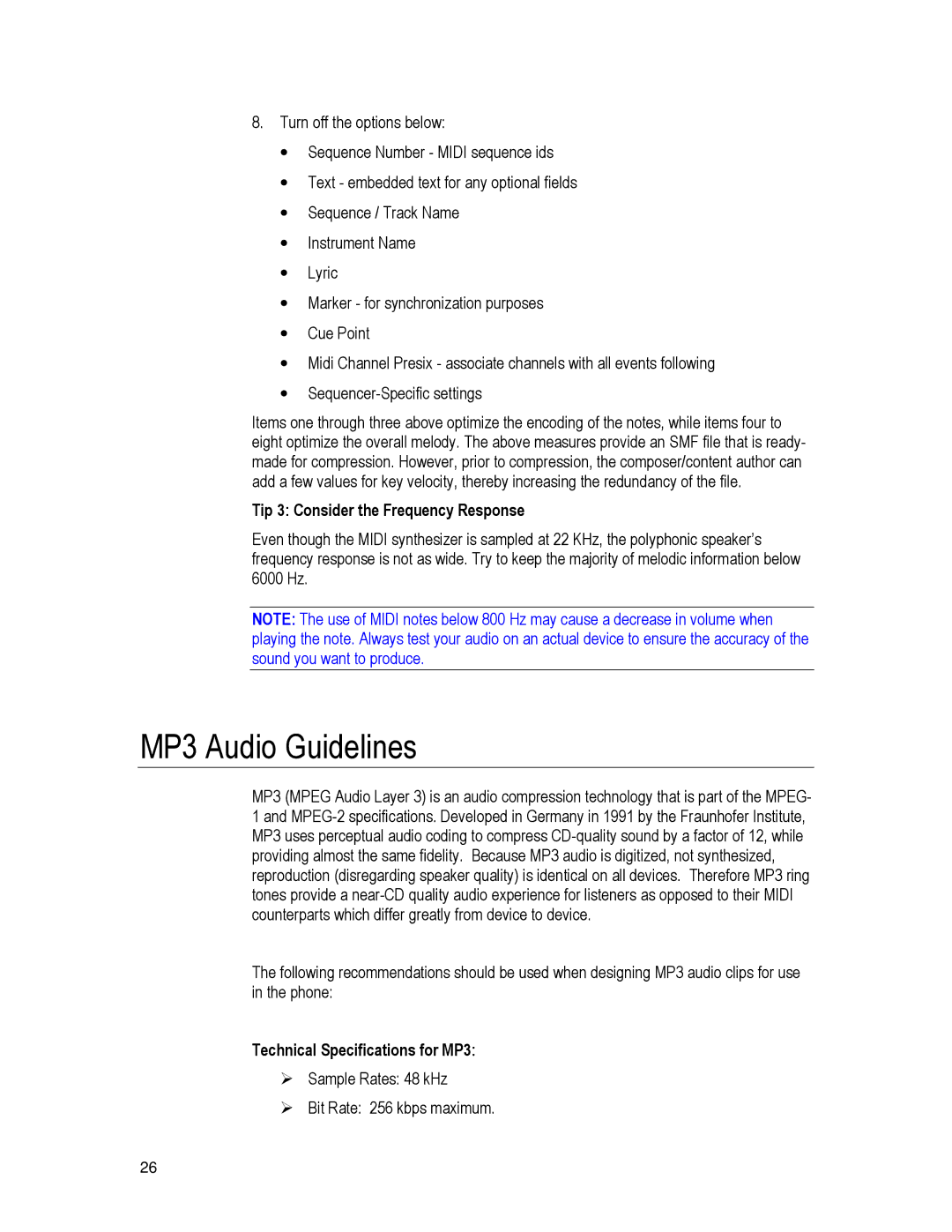 Motorola K3 technical manual MP3 Audio Guidelines 